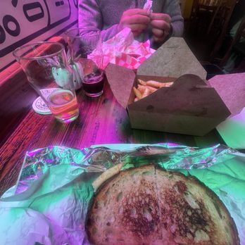 Noble Experiment Brewing Company - Low quality photo of high quality food. Apple Brie grilled cheese, fries, and a smash burger. - Breweries Near Me - West Nyack, New York