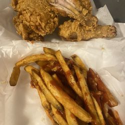 Sharks Fish and Chicken - Chicken combo legs and thighs with fries, bread with mild sauce...again yummy