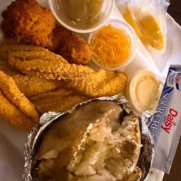 3Piece Fried Catfish Fillet w/hushpuppies, tomato relish, baked potato with the fixings 3Piece Fried Catfish Fillet w/hushpuppies, tomato relish, baked potato with the fixings