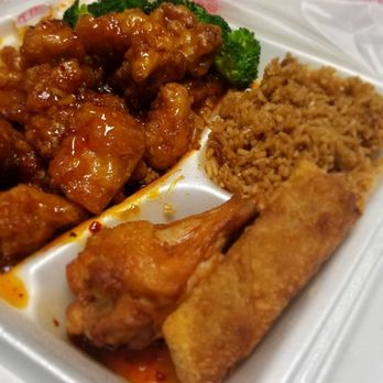 Panda Delite - Orange chicken with fried rice, a wing, and a egg roll ! - Chinese Near Me - Arlington, Texas