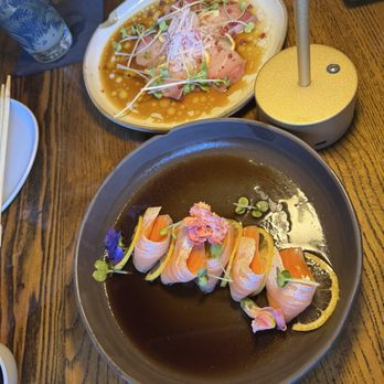 Yakuza House - Yellowtail Crudo (top), Ora King Salmon w/ truffle ponzu (bottom) - Sushi Bars Near Me - Metairie, Louisiana Yakuza House - Yellowtail Crudo (top), Ora King Salmon w/ truffle ponzu (bottom) - Sushi Bars Near Me - Metairie, Louisiana