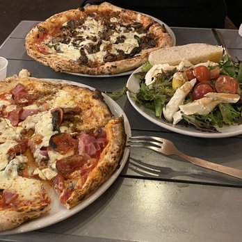 Antica Forma - Mista Salad, Macellaio (meat lovers) and Salciccia Funghi (mushrooms etc) pizzas. - Pizza Near Me - Moab, Utah