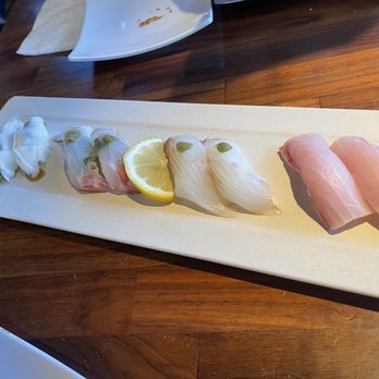 Hikari Sushi - SQUID SUSHI Sea bass Sushi HALIBUT SUSHI YELLOWTAIL SUSHI  Ordered left to right - Sushi Bars Near Me - Simi Valley, California