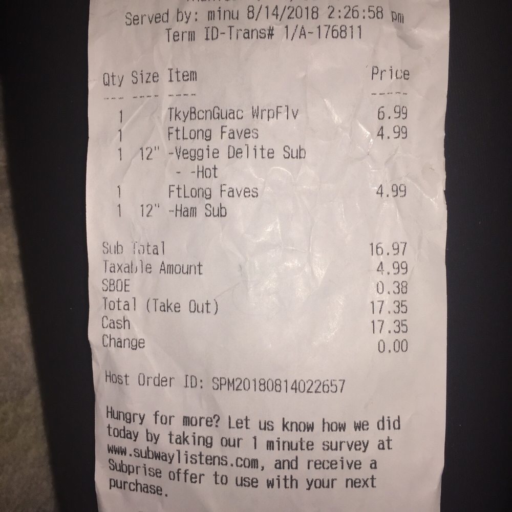 Subway - Receipt showing today's date and the person who helped me (MINU) - Sandwiches Near Me - Vacaville, California Subway - Receipt showing today's date and the person who helped me (MINU) - Sandwiches Near Me - Vacaville, California