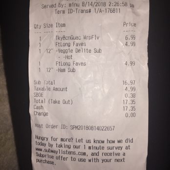 Subway - Receipt showing today's date and the person who helped me (MINU) - Sandwiches Near Me - Vacaville, California Subway - Receipt showing today's date and the person who helped me (MINU) - Sandwiches Near Me - Vacaville, California