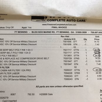 Firestone Complete Auto Care - $14.00 autozone serpentine belt vs $46.00 firestone. Even the top K&N filter was only $41.00 - Tires Near Me - Fort Benning, Georgia