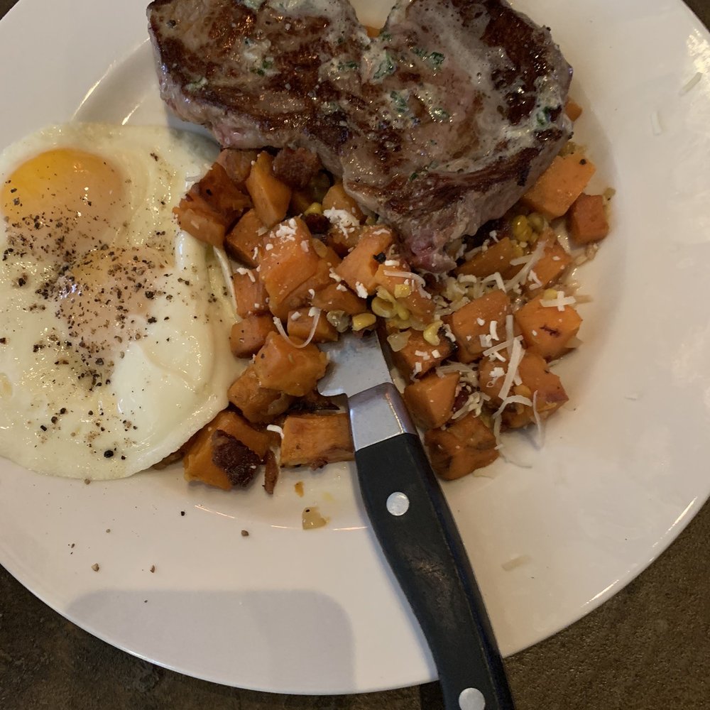 TruFire - Steak and eggs with sweet potato hash - New American Near Me - Frisco, Texas TruFire - Steak and eggs with sweet potato hash - New American Near Me - Frisco, Texas