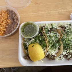 La Costenita Mexican Carneceria - 3 asada tacos, rice and beans