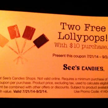 See's Candies - 2 FREE LOLLYPOPS! W/purchase of $10....7/24-9/2 - Candy Stores Near Me - Anaheim, California See's Candies - 2 FREE LOLLYPOPS! W/purchase of $10....7/24-9/2 - Candy Stores Near Me - Anaheim, California