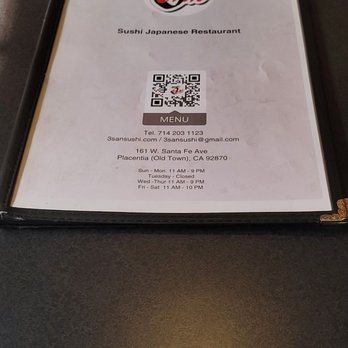 San Sushi - Well put together menu including QR code for an online menu. - Sushi Bars Near Me - Placentia, California San Sushi - Well put together menu including QR code for an online menu. - Sushi Bars Near Me - Placentia, California