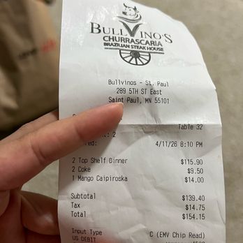 Bullvino's Churrascaria - Receipt - Brazilian Near Me - Saint Paul, Minnesota Bullvino's Churrascaria - Receipt - Brazilian Near Me - Saint Paul, Minnesota