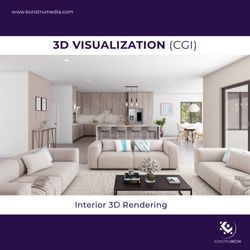 Konstrumedia - Interior 3d rendering of a living room, kitchen and dinning rom area