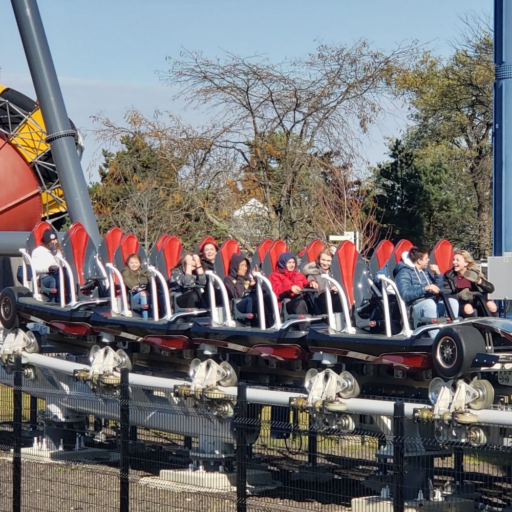 Maxx Force - Trains are modeled after Formula One racecars and seat 16 passengers. Restraints are fairly comfortable - Amusement Parks Near Me - Gurnee, Illinois