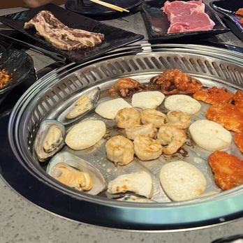 Hungry Pot - KBBQ with shrimp, mussels, octopus, king mushrooms, pork cheek, strip steak, Korean short ribs, kimchi - Seafood Near Me - Danbury, Connecticut