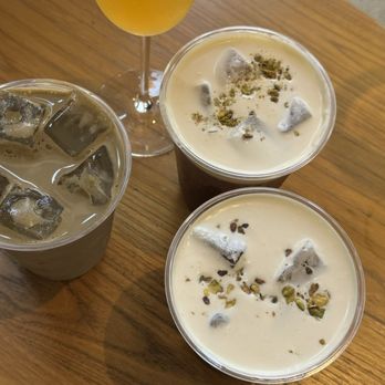 Work in Progress - peach mimosa, iced hojicha, pistachio cream cold brew - Wine Bars Near Me - Costa Mesa, California