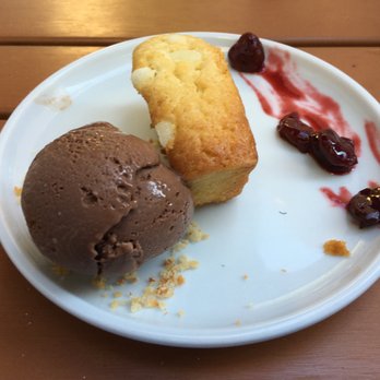 Zaytinya - Olive Oil Cake with Mahlab scented chocolate ice cream, caramelized breadcrumbs and macerated cherry.  It tastes much better than it looks. - Greek Near Me - Washington, DC, District of Columbia