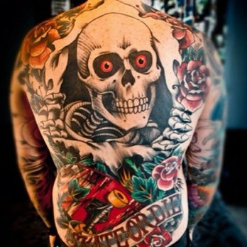 Black Bones Tattoo - Mike's Ripper Backpiece, I'm 42 and still skate daily...so I never complain about tattooing SB stuff! - Tattoo Near Me - Homewood, Alabama