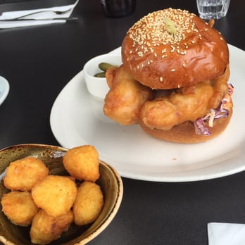 Code Black Coffee - Soft shell crab and bacon burger, and side of potato tots - Cafes Near Me - Brunswick, VIC Code Black Coffee - Soft shell crab and bacon burger, and side of potato tots - Cafes Near Me - Brunswick, VIC