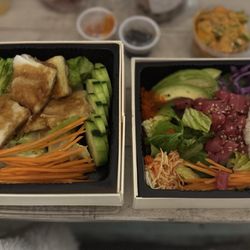 Yes Sushi - Soy Tofu Salad on the left and tuna poke bowl on the right. The upper right was the Spicy Tuna Inari
