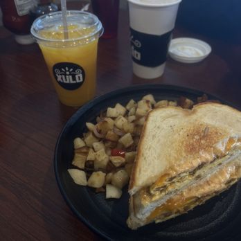 Xulo Coffee Bar - Sandwhich; with sourdough bread, chorizo protein with side of potatoes. - Coffee & Tea Near Me - Elk Grove, California