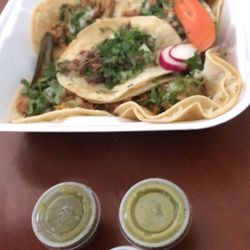 Jon got 4 chicken tacos and a a carnitas... some green sauce and guacamole