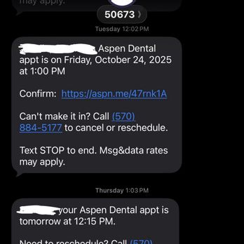 Aspen Dental - Selinsgrove, PA - Proof my daughter's appointment was changed from 1 pm to 12:15 pm. They had never called to make me aware of this. - General Dentistry Near Me - Selinsgrove, Pennsylvania Aspen Dental - Selinsgrove, PA - Proof my daughter's appointment was changed from 1 pm to 12:15 pm. They had never called to make me aware of this. - General Dentistry Near Me - Selinsgrove, Pennsylvania