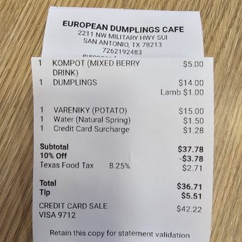 European Dumplings Cafe - Bill for two people.. there was no option for free water. - Ukrainian Near Me - Castle Hills, Texas European Dumplings Cafe - Bill for two people.. there was no option for free water. - Ukrainian Near Me - Castle Hills, Texas