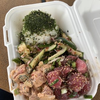 Jus' Poke - Regular bowl with half Original Poke and half Spicy Poke with the Pickled Cucumbers and rice topped with furikake and sesame seeds. - Hawaiian Near Me - Redondo Beach, California Jus' Poke - Regular bowl with half Original Poke and half Spicy Poke with the Pickled Cucumbers and rice topped with furikake and sesame seeds. - Hawaiian Near Me - Redondo Beach, California