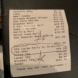 Sushi on Second - Dinner receipt