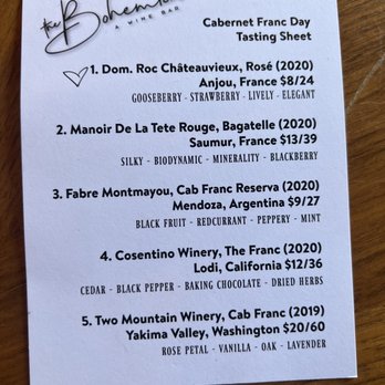 The Bohemian: A Wine Bar - Cabernet Franc Day tasting sheet. - Wine Bars Near Me - Charlotte, North Carolina The Bohemian: A Wine Bar - Cabernet Franc Day tasting sheet. - Wine Bars Near Me - Charlotte, North Carolina