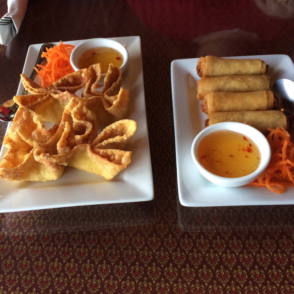 Manee Thai Restaurant - Crab Angels (Crab Rangoon) and fried spring rolls. - Thai Near Me - Ballwin, Missouri Manee Thai Restaurant - Crab Angels (Crab Rangoon) and fried spring rolls. - Thai Near Me - Ballwin, Missouri
