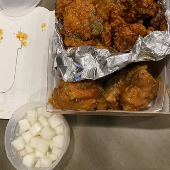 Pelicana Chicken - Spicy level 2 chicken on top and garlic chicken on bottom - Korean Near Me - Duluth, Georgia Pelicana Chicken - Spicy level 2 chicken on top and garlic chicken on bottom - Korean Near Me - Duluth, Georgia