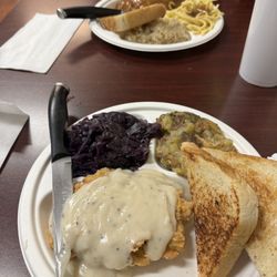 Bavarian Forest Bakery and Cafe - Amazing chicken fried chicken with sweet cabbage and potatoes. My husband had jagerschnitzel with spaetzle and sauerkraut.