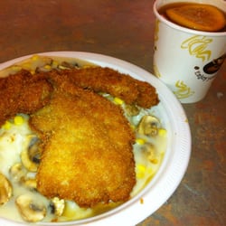 50 Continental Deli HK Style Fast Food - Deep fried pork chop with mushroom cream sauce on rice & daily soup $6.99 add $0.5 change to lemon tea
