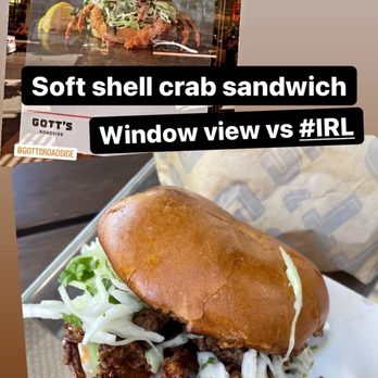 Gott's Roadside - Soft shell crab sandwich, the ad on window vs what I got (~$21) - Salad Near Me - Walnut Creek, California