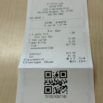 El Pollo Loco - Receipt - Fast Food Near Me - Hacienda Heights, California El Pollo Loco - Receipt - Fast Food Near Me - Hacienda Heights, California