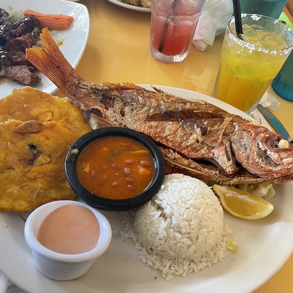Duffy's - Red Snapper with Rice and Beans and Tostones - Coffee & Tea Near Me - Vieques, Puerto Rico Duffy's - Red Snapper with Rice and Beans and Tostones - Coffee & Tea Near Me - Vieques, Puerto Rico
