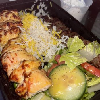 Lor Kebab - Joojeh Soltani / Chicken & Beef/lamb skewers with half rice half salad - Persian/Iranian Near Me - Gainesville, Florida Lor Kebab - Joojeh Soltani / Chicken & Beef/lamb skewers with half rice half salad - Persian/Iranian Near Me - Gainesville, Florida