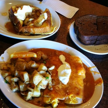 Cafe Cup - Egg enchilada smothered in enchilada saucy goodness gracious... And their banana foster French toast glazed with caramel - Breakfast & Brunch Near Me - Huntington Beach, California