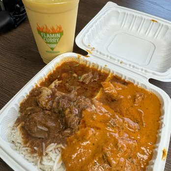 Flamin Curry 2 - Mango Lassi, butter chicken (right), goat curry (left) - Indian Near Me - Long Beach, California Flamin Curry 2 - Mango Lassi, butter chicken (right), goat curry (left) - Indian Near Me - Long Beach, California