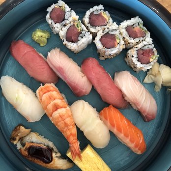 Morimoto Maui - From top, left to right Spicy tuna maki, maguro, kampachi, maguro, hamachi, tai, ebi, hotate, sake, unagi, tamago - Japanese Near Me - Wailea, Hawaii Morimoto Maui - From top, left to right Spicy tuna maki, maguro, kampachi, maguro, hamachi, tai, ebi, hotate, sake, unagi, tamago - Japanese Near Me - Wailea, Hawaii