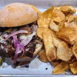Lucky Joe's - BBQ Brisket Burnt Ends Sandwich w/ Saratoga chips.
