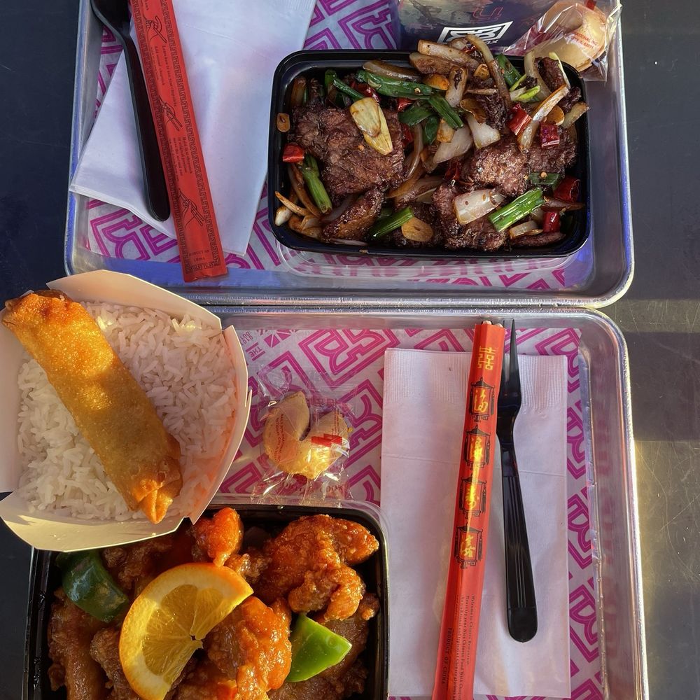 The Rice Box - Cumin Beef (top) and Orange Chicken (bottom) - Chinese Near Me - Houston, Texas The Rice Box - Cumin Beef (top) and Orange Chicken (bottom) - Chinese Near Me - Houston, Texas