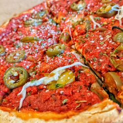 Angelo's Stuffed Pizza - Pepperoni and jalapeños stuffed pizza