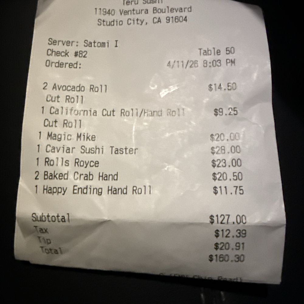 Teru Sushi - Final bill - Sushi Bars Near Me - Studio City, California Teru Sushi - Final bill - Sushi Bars Near Me - Studio City, California