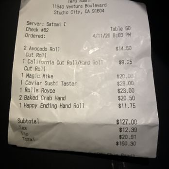 Teru Sushi - Final bill - Sushi Bars Near Me - Studio City, California