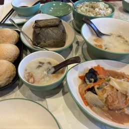 Baked BBQ Pork Buns, Sticky Rice in Lotus Leaf, chicken and ginger rice bowl, pork congee with century egg, and braised vegetable and fungus Baked BBQ Pork Buns, Sticky Rice in Lotus Leaf, chicken and ginger rice bowl, pork congee with century egg, and braised vegetable and fungus