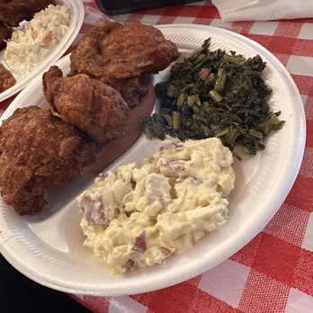 Gus's World Famous Fried Chicken - 3 piece mixed white and dark meat with greens and potato salad. - Southern Near Me - Lexington, Kentucky