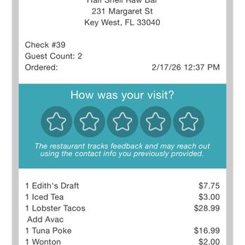 Half Shell Raw Bar - receipt - Seafood Near Me - Key West, Florida Half Shell Raw Bar - receipt - Seafood Near Me - Key West, Florida