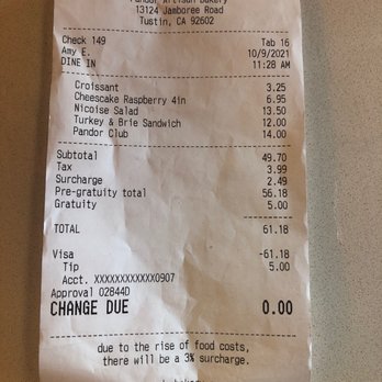 Pandor - Applied surcharge without telling customer. On top of that it's more than the 3% indicated on the bottom of receipt. - Bakeries Near Me - Irvine, California